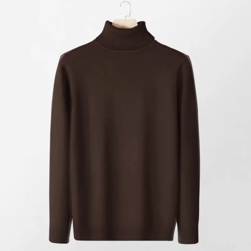 A sleek, solid brown turtleneck sweater with a ribbed knit texture and neatly finished cuffs