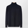 Black turtleneck sweater with a smooth, solid color and simple design