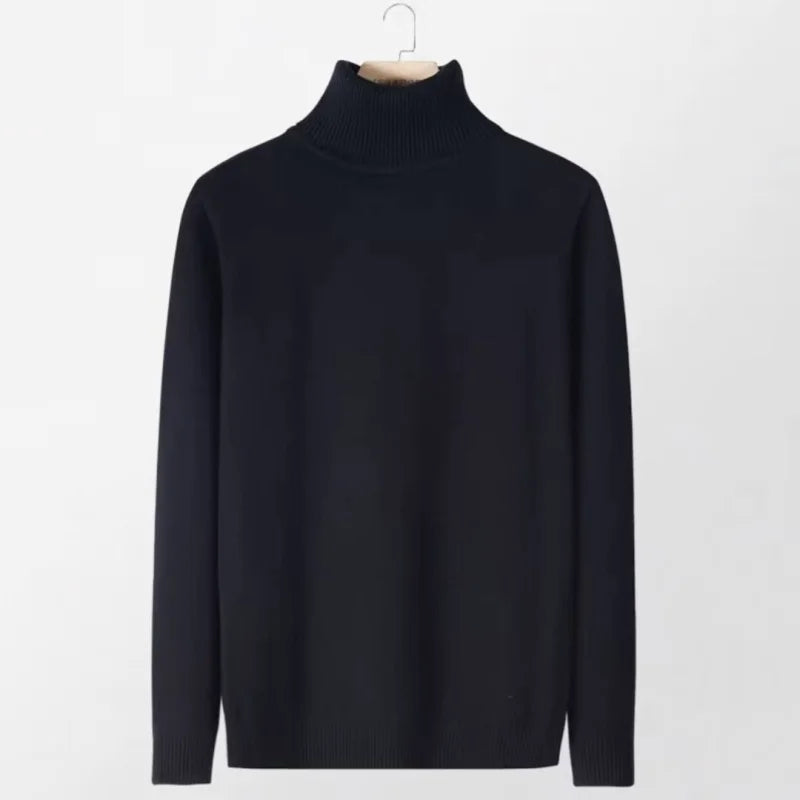 Black turtleneck sweater with a smooth, solid color and simple design