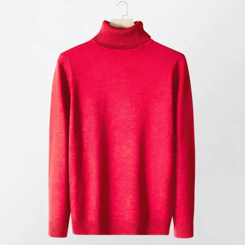A vibrant red, long-sleeved turtleneck sweater with a ribbed knit collar and cuffs