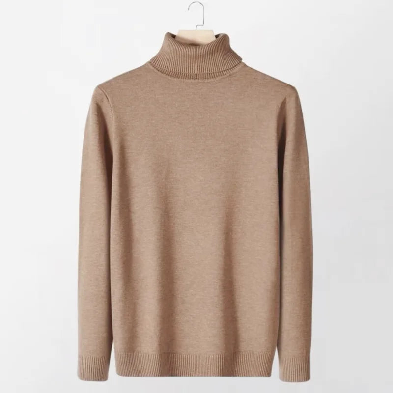 Beige turtleneck sweater with ribbed cuffs and hem
