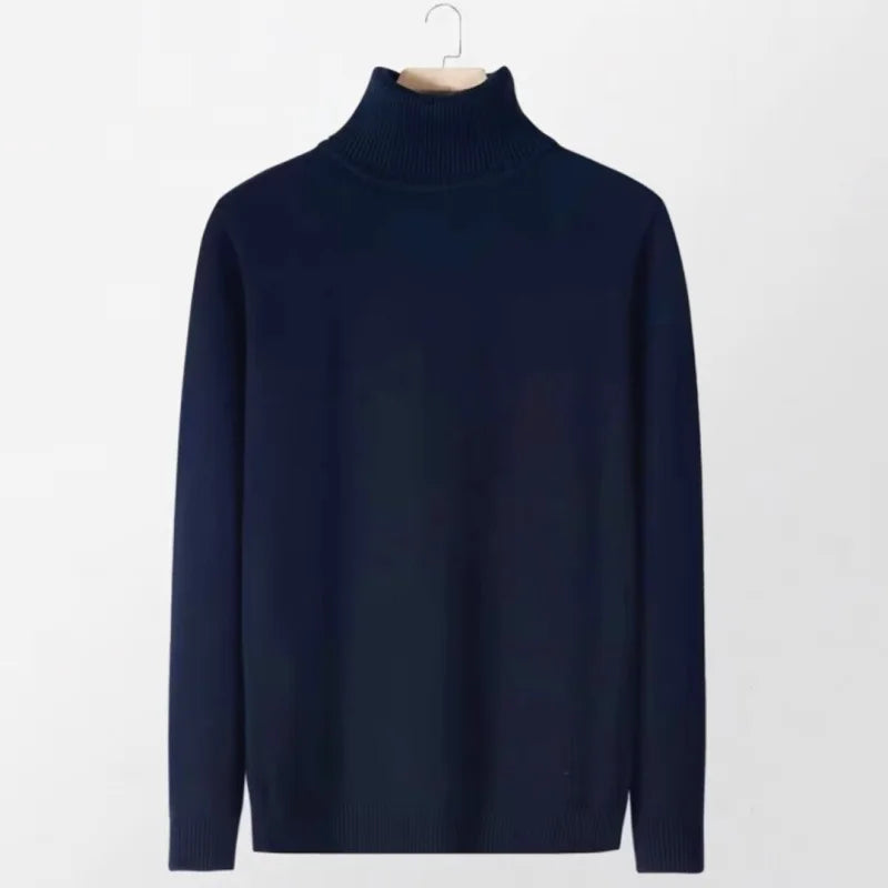Dark navy blue turtleneck sweater with a smooth, fitted knit texture