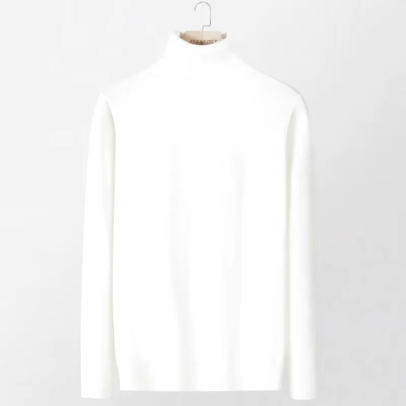 A sleek, solid white turtleneck sweater with a smooth knit texture and long sleeves