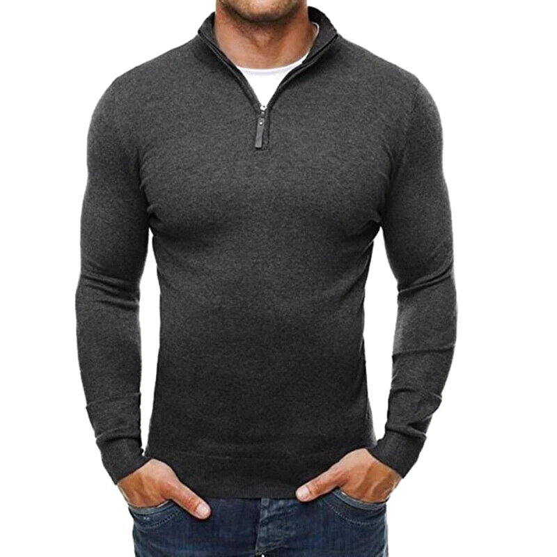 Dark gray textured long-sleeve quarter-zip sweater with a subtle heathered finish