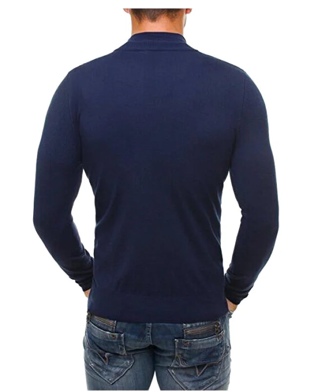 Navy blue long-sleeved knit sweater with a high collar