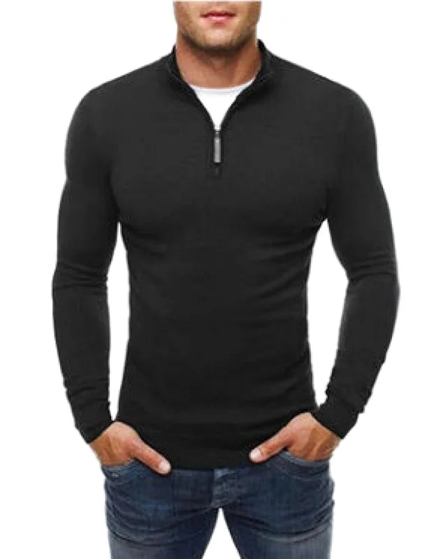 Black long-sleeved quarter-zip sweater with a ribbed collar and cuffs