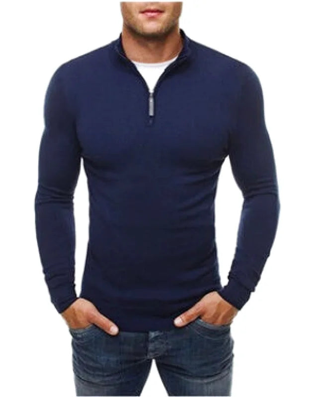 Navy blue long-sleeved quarter-zip knit shirt