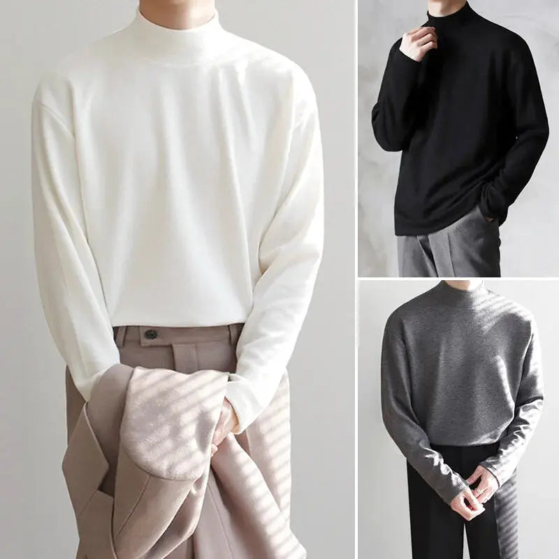 A soft, long-sleeved turtleneck sweater in white, black, or gray