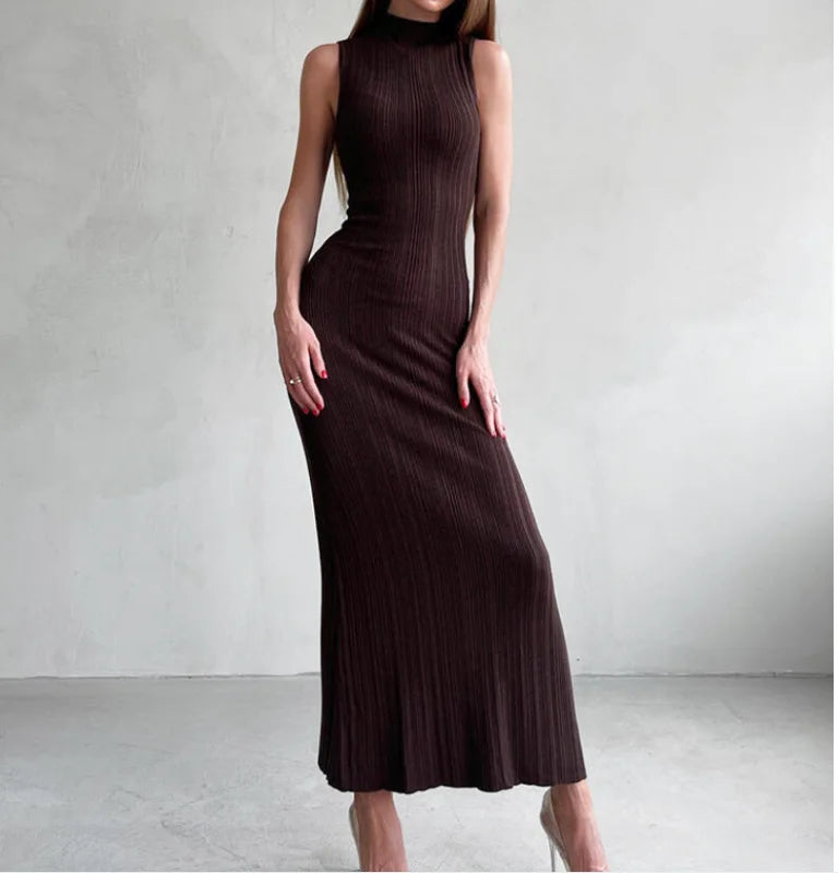 A sleek, dark brown ribbed knit midi dress with a high neckline and sleeveless design