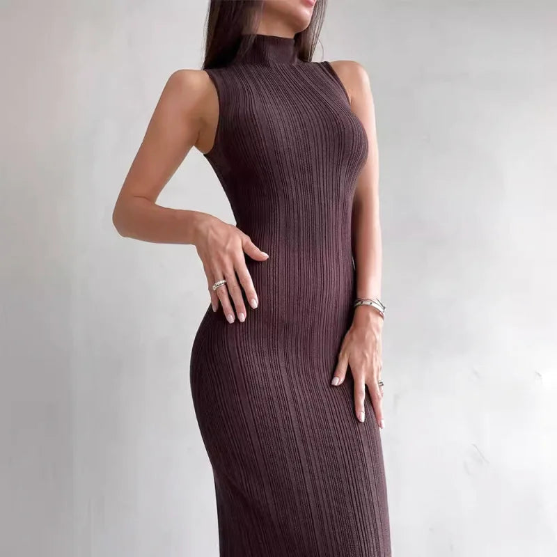 A form-fitting, sleeveless, high-necked dress in a rich brown hue with vertical ribbed knit detailing