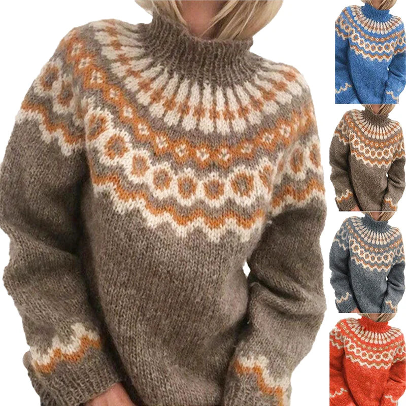 Cozy, chunky-knit turtleneck sweater in earthy tones with intricate geometric patterns
