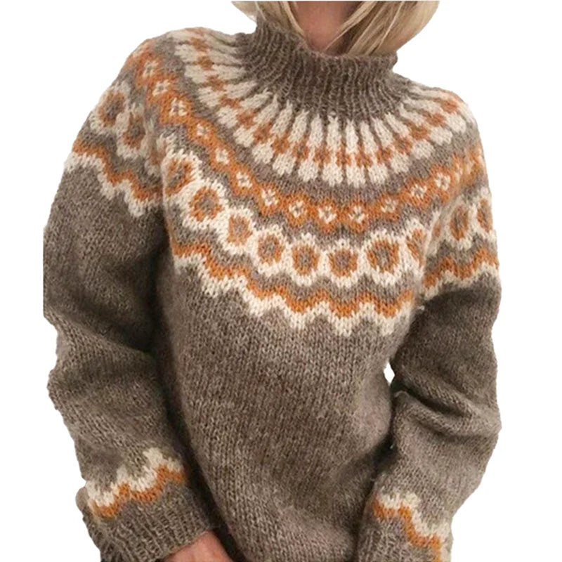 A cozy, hand-knitted sweater in earthy tones of brown and cream with intricate geometric patterns
