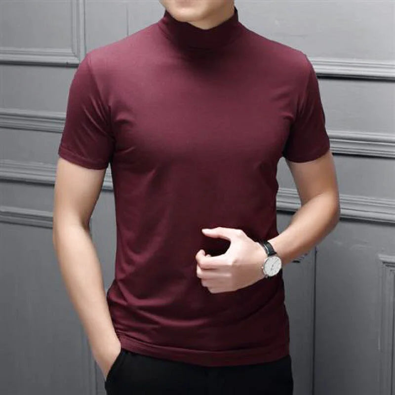 A sleek, maroon-colored turtleneck shirt made of smooth, form-fitting fabric