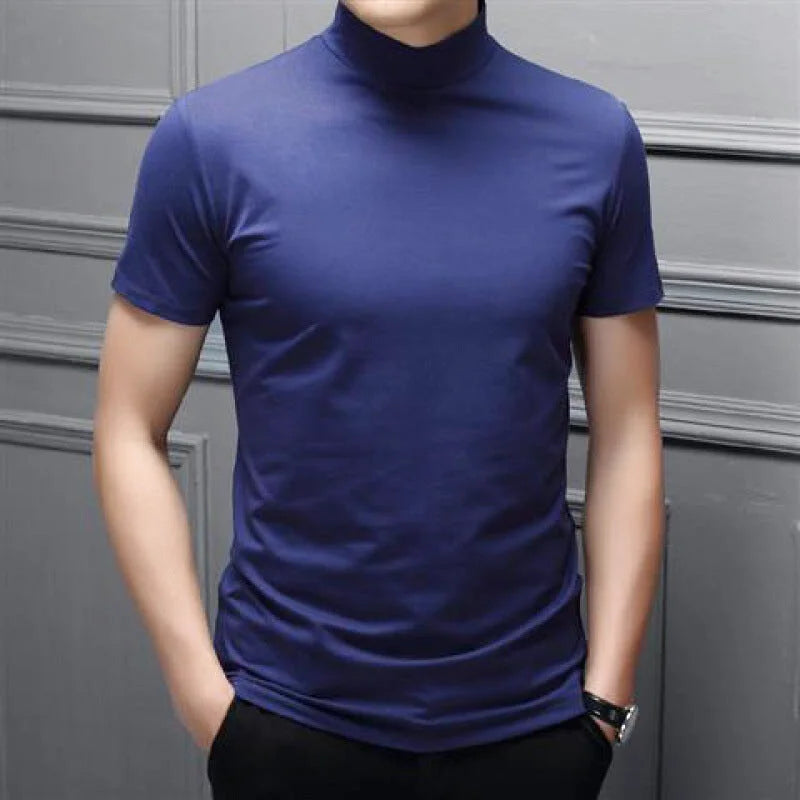 A sleek navy blue short-sleeved turtleneck shirt made of smooth, form-fitting fabric