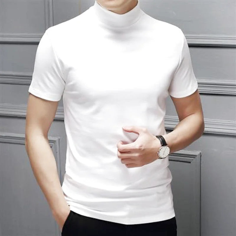 White short-sleeved turtleneck shirt made of smooth, form-fitting fabric