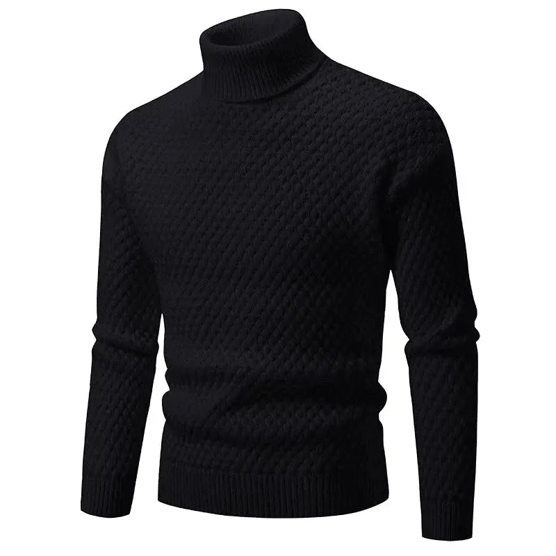 Black turtleneck sweater with a textured diamond-knit pattern