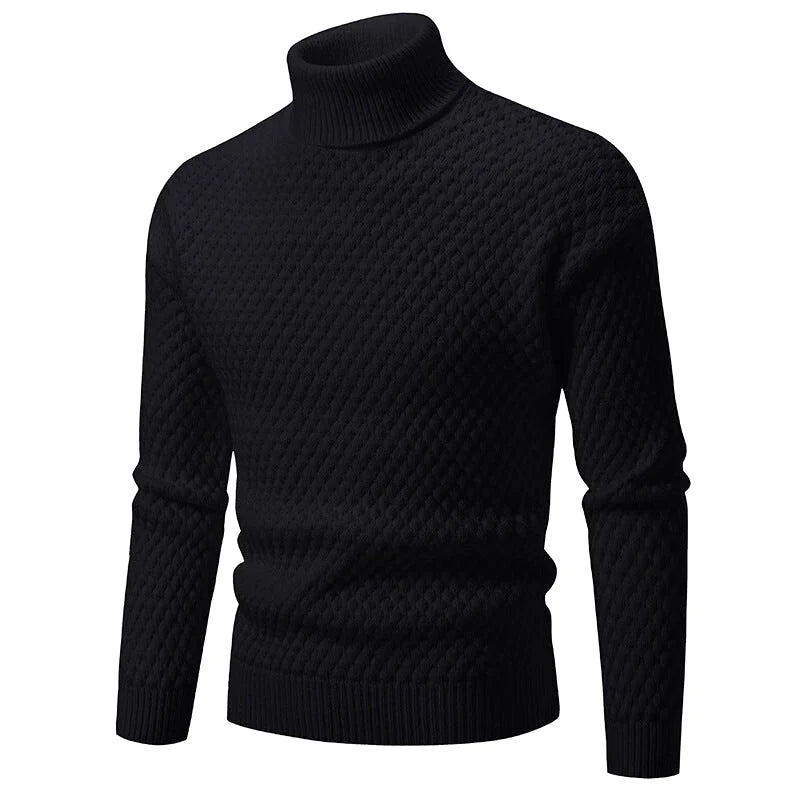 Black turtleneck sweater with a textured diamond-knit pattern