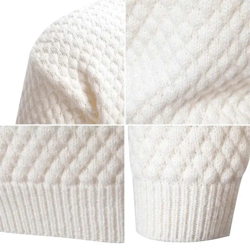 White knitted sweater with a textured, diamond-patterned knit and ribbed cuffs