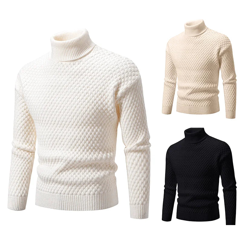 Cream-colored turtleneck sweater with a textured diamond-knit pattern and ribbed cuffs