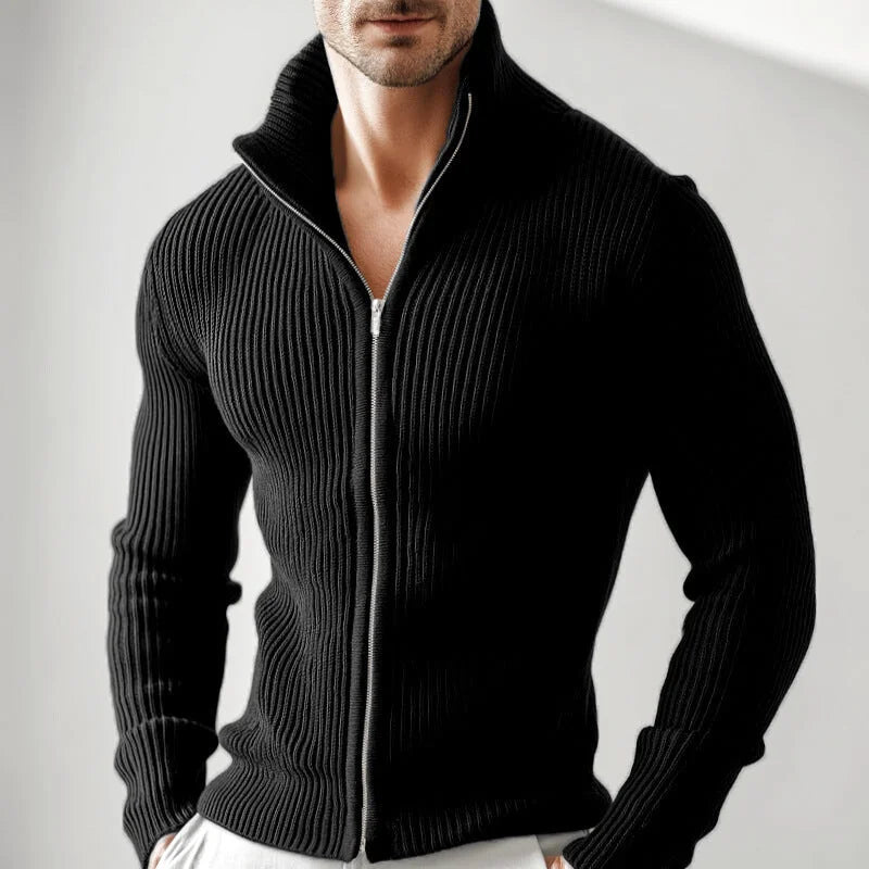 Black ribbed knit zip-up sweater with a high collar and silver zipper