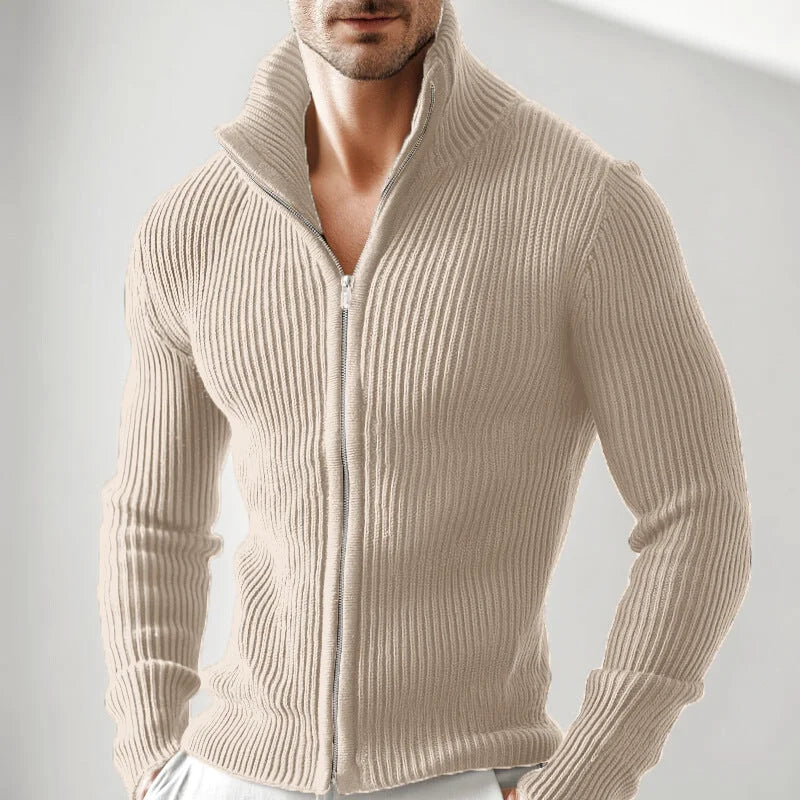 Beige ribbed knit zip-up sweater with a high collar and full-length zipper