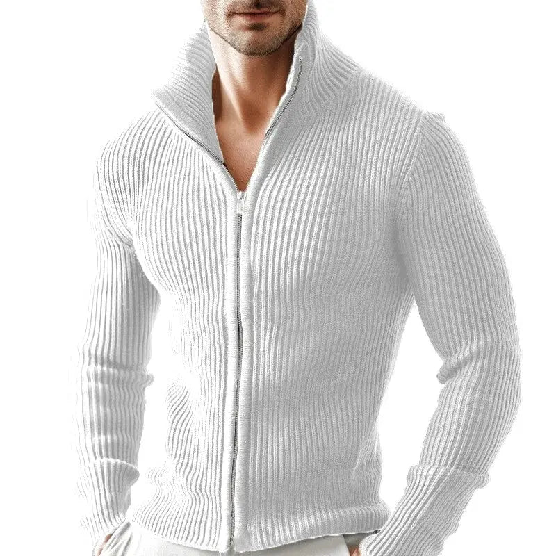 White ribbed knit zip-up sweater with a high collar