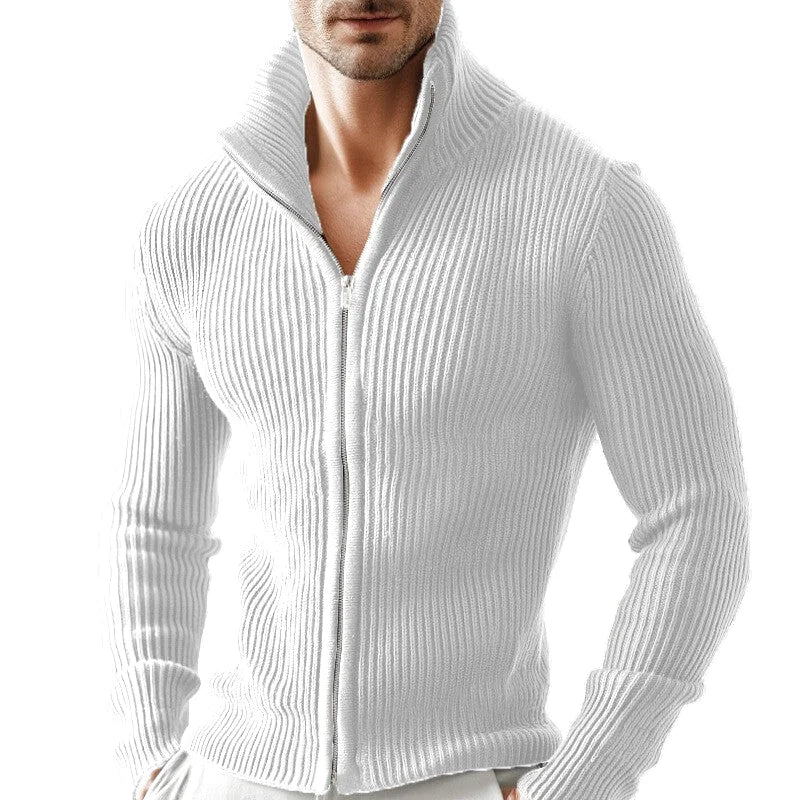 White ribbed knit zip-up sweater with a high collar