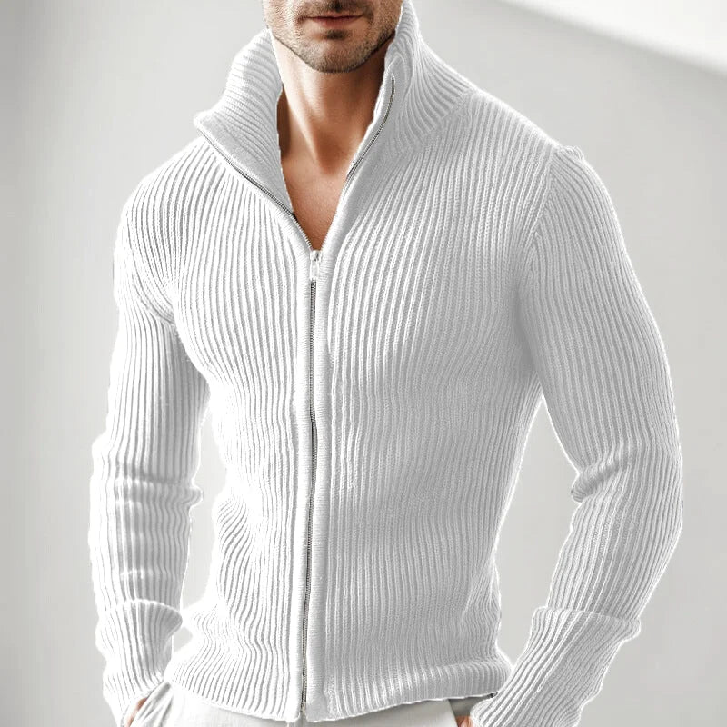White ribbed knit zip-up sweater with a high collar