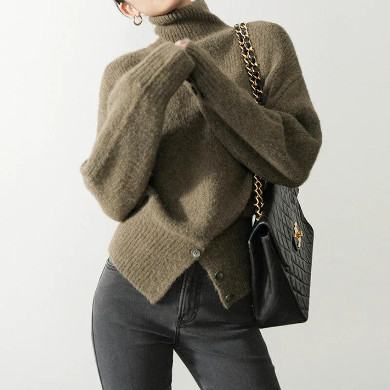 Olive green, fluffy knit turtleneck sweater with ribbed cuffs and hem