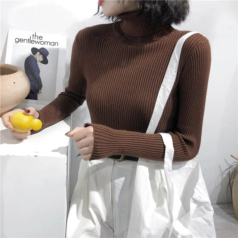 Brown ribbed turtleneck sweater