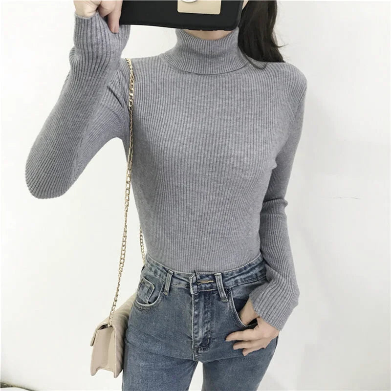 Gray ribbed knit turtleneck sweater