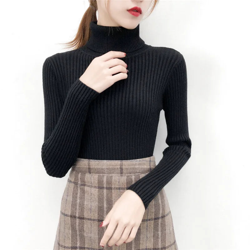 Black ribbed knit turtleneck sweater