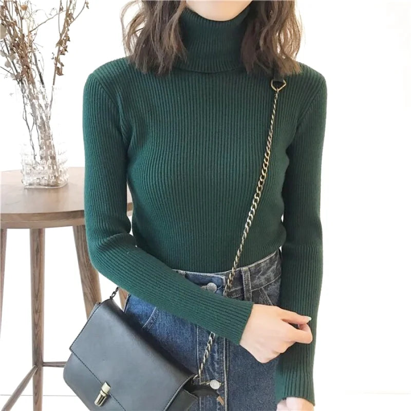 Dark green ribbed knit turtleneck sweater