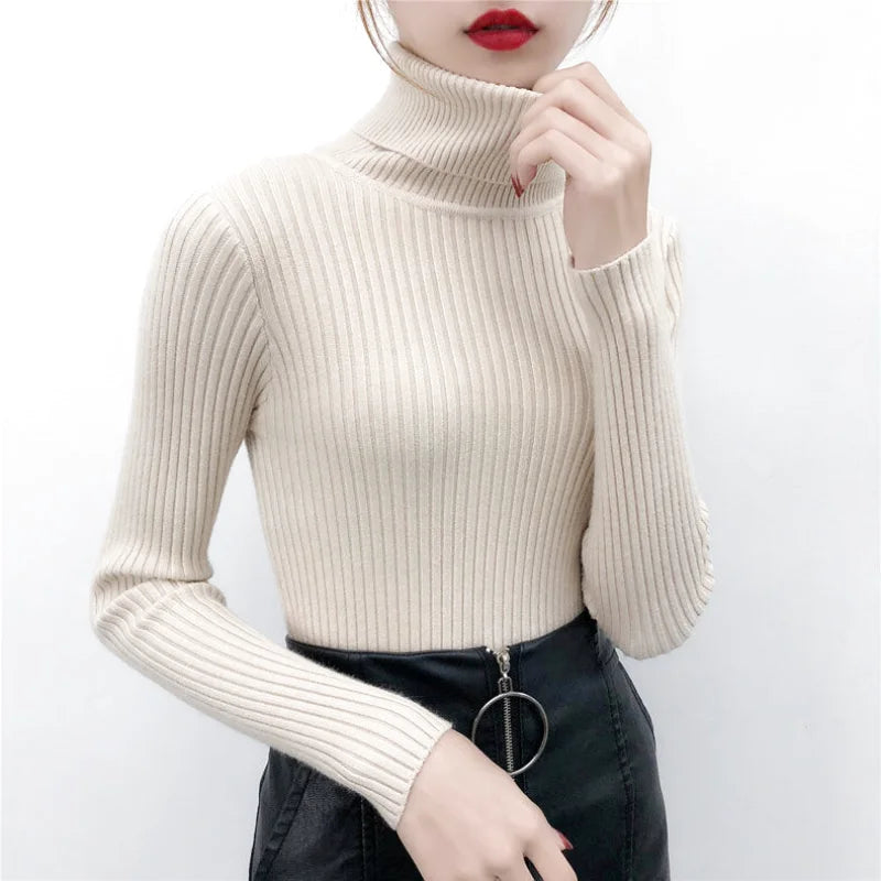 Beige ribbed turtleneck sweater with long sleeves