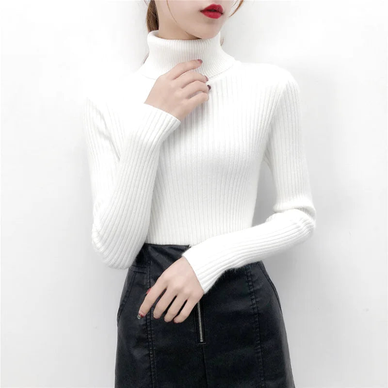 White ribbed knit turtleneck sweater